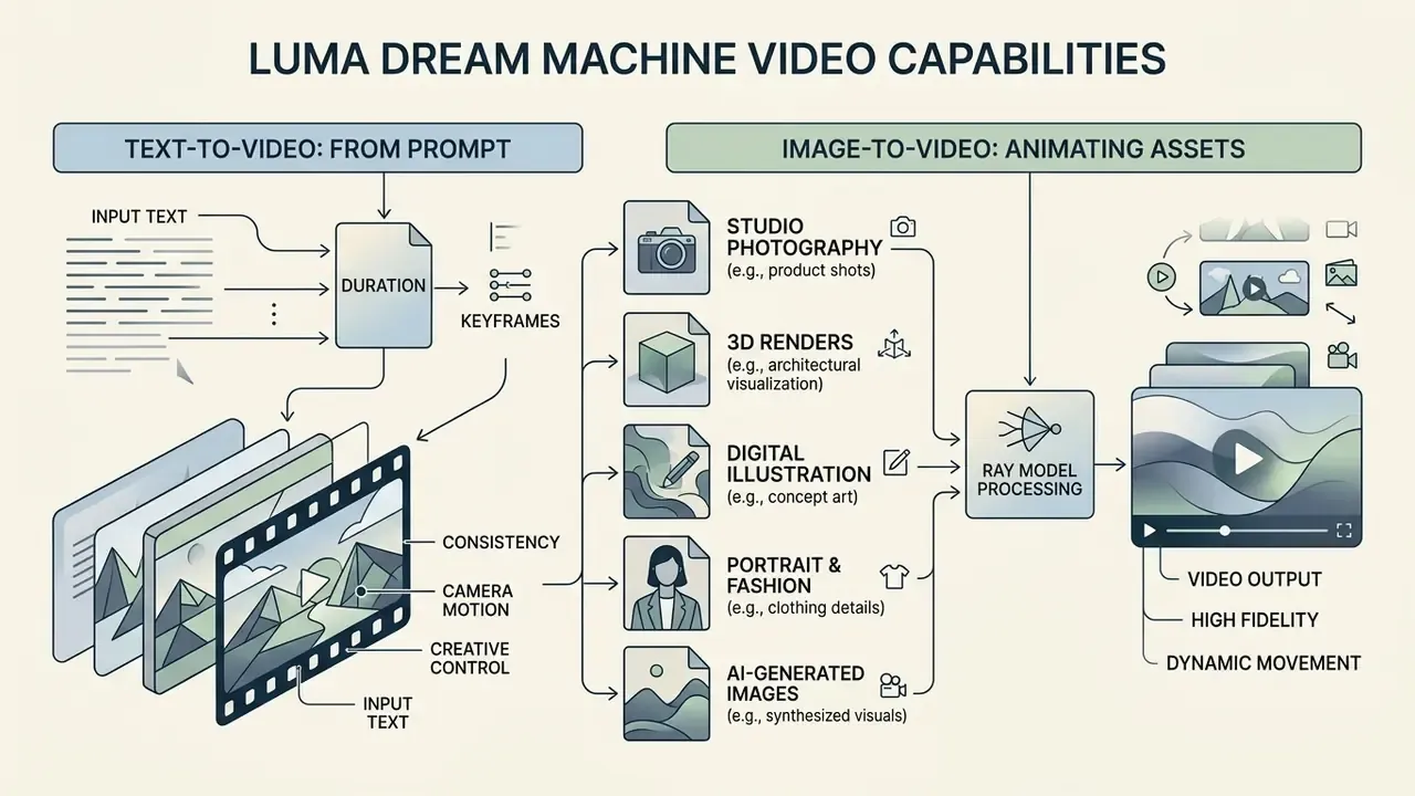 Diagram showing text-to-video and image-to-video workflows for Luma Dream Machine video generation