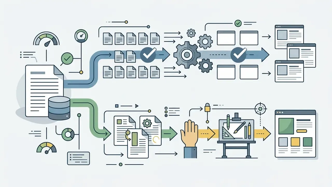 Data flowing from a central source into automated processing for bulk content or manual design review