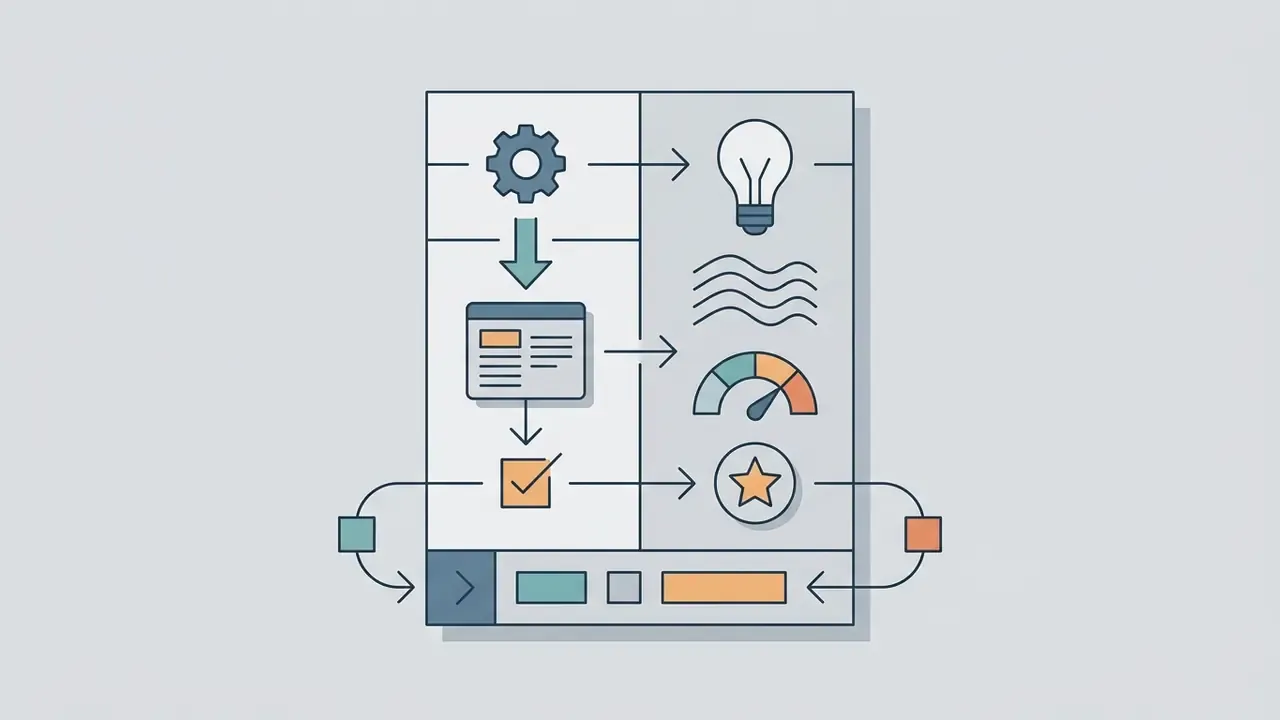 Gear and document icons feeding into a lightbulb, gauge, and star to compare AI logo generator tools