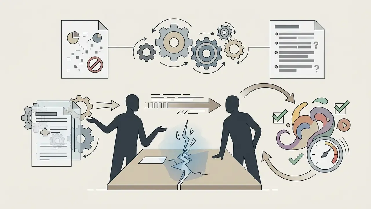 Two silhouettes separated by a cracked table with gears, documents, and abstract shapes representing dialogue