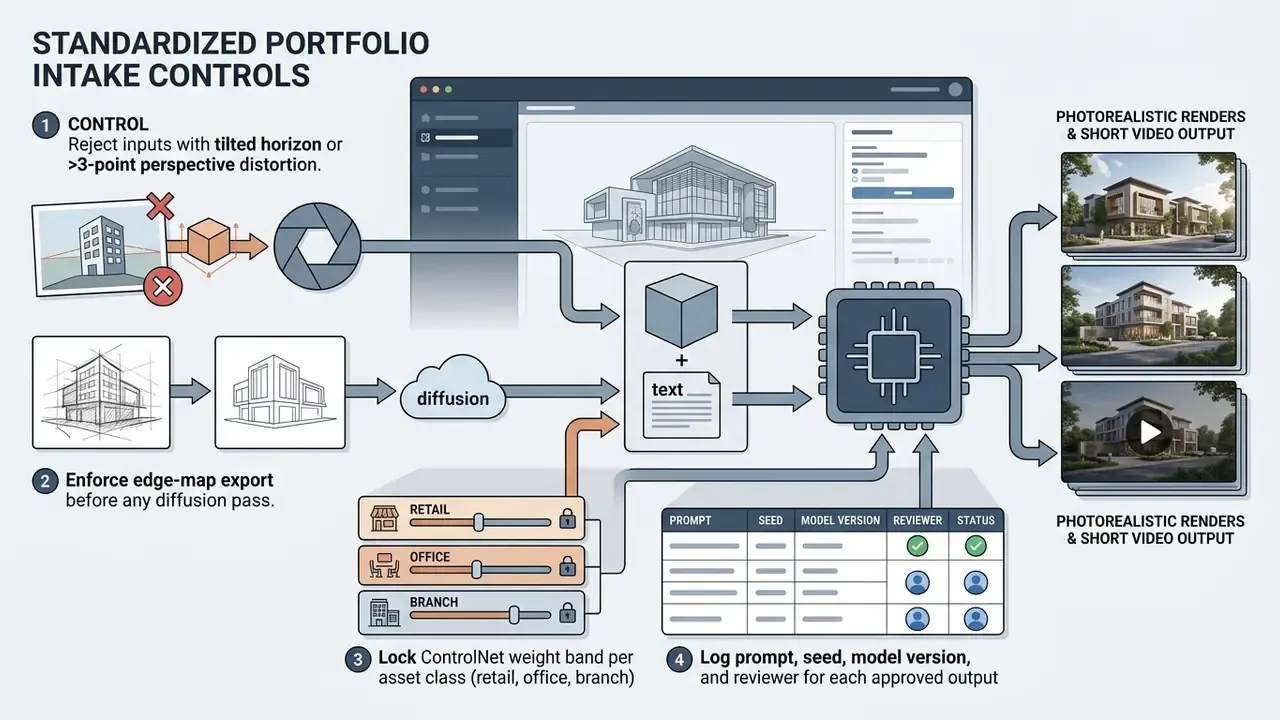 Workflow diagram showing input quality checks, diffusion processing, asset locking, and output logging