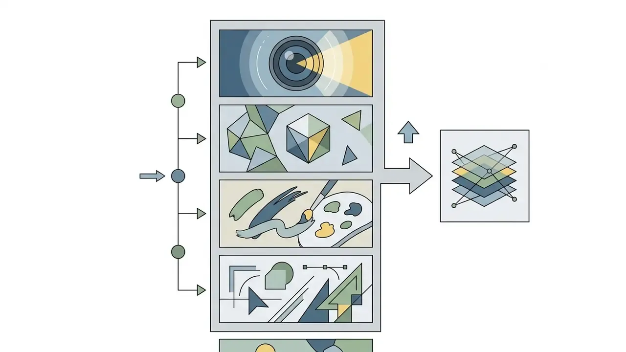 Vertical stack of panels representing photography, 3D, painting, and vector styles merging into one layer