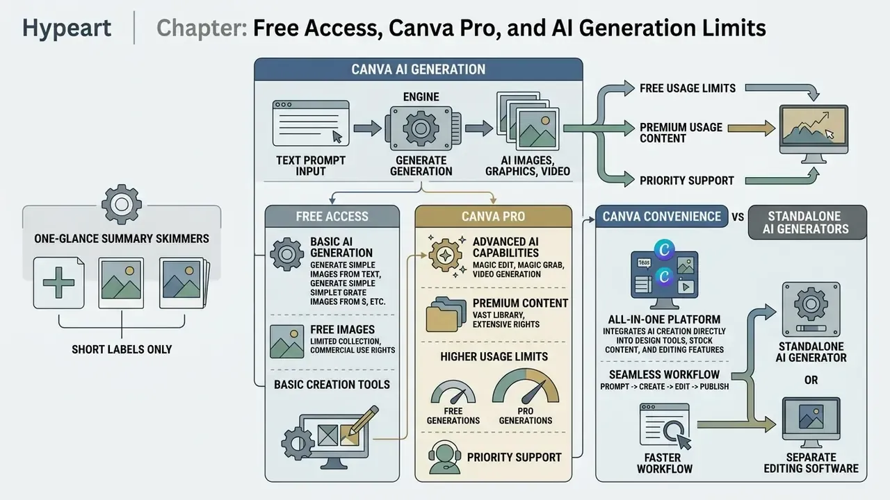 Infographic comparing free and Canva Pro AI generation features against standalone AI tools