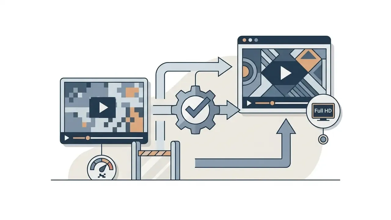 Low resolution video being processed through a gear icon to become a high definition Full HD video output