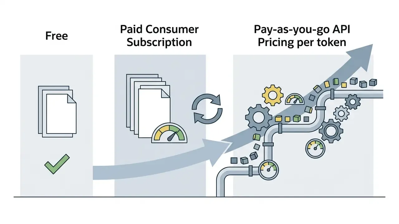 Three pricing tiers showing document processing through gears and performance gauges toward an upward arrow