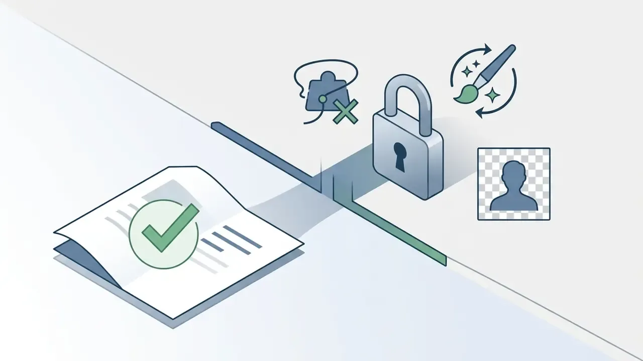 Document with a check mark separated by a padlock from icons representing editing and background removal