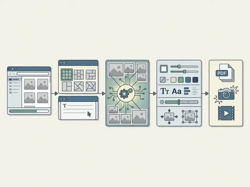 Sequential steps for uploading photos, selecting templates, processing layouts, and exporting media
