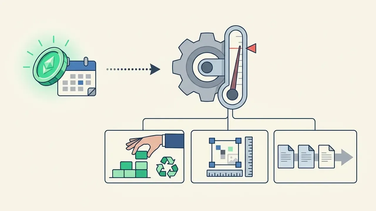 Calendar icon with coin feeding into a gear and gauge mechanism that powers three distinct task boxes