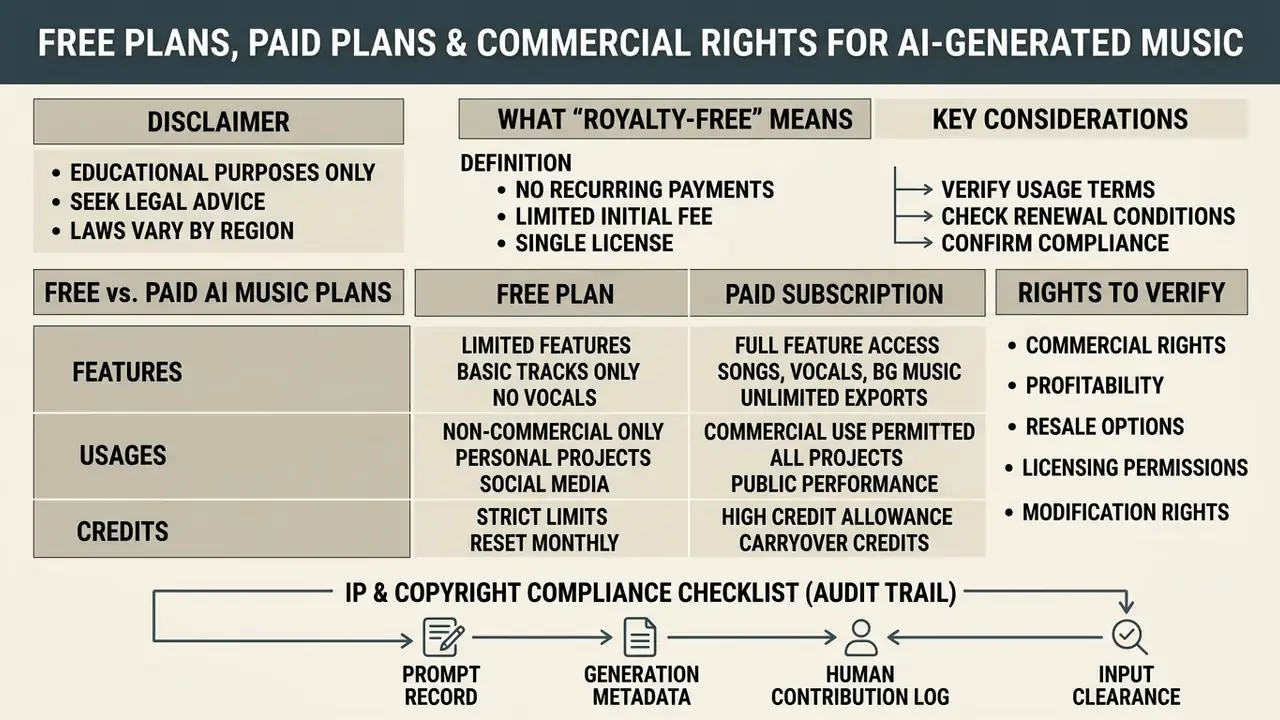 Infographic comparing free and paid AI music plans alongside a copyright compliance audit trail checklist