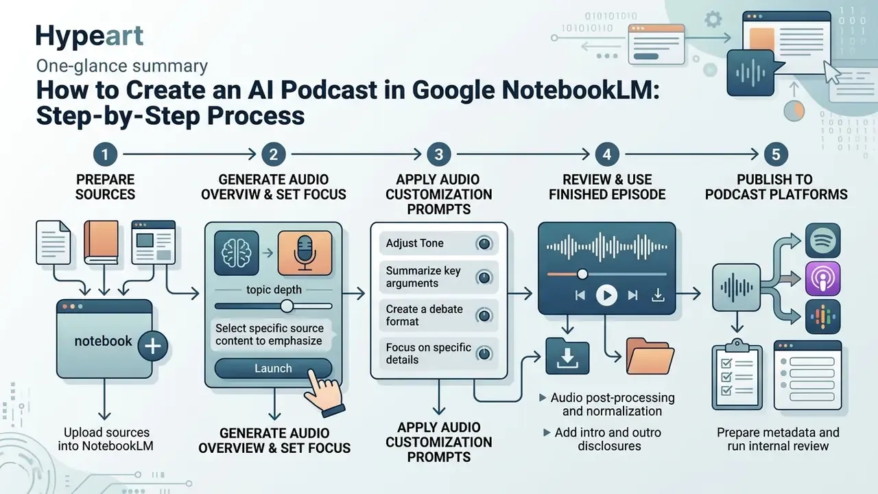 Five-step workflow infographic detailing the Google AI podcast generator process from upload to publishing
