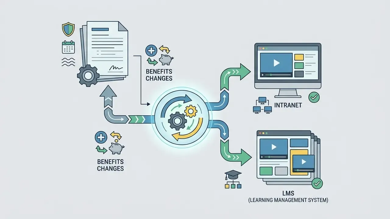 Document processing through a central gear system to distribute video updates to intranet and LMS portals