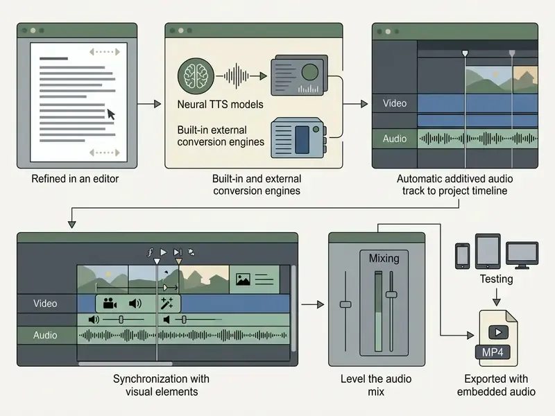 Diagram showing text input converted by AI models into an audio track for video synchronization and export