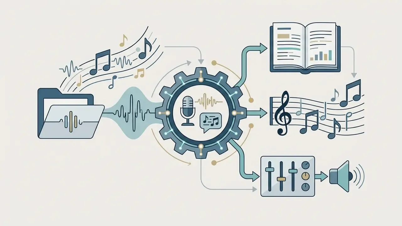 Folder of audio files feeding into a central gear processing hub that outputs to lyrics and music notation