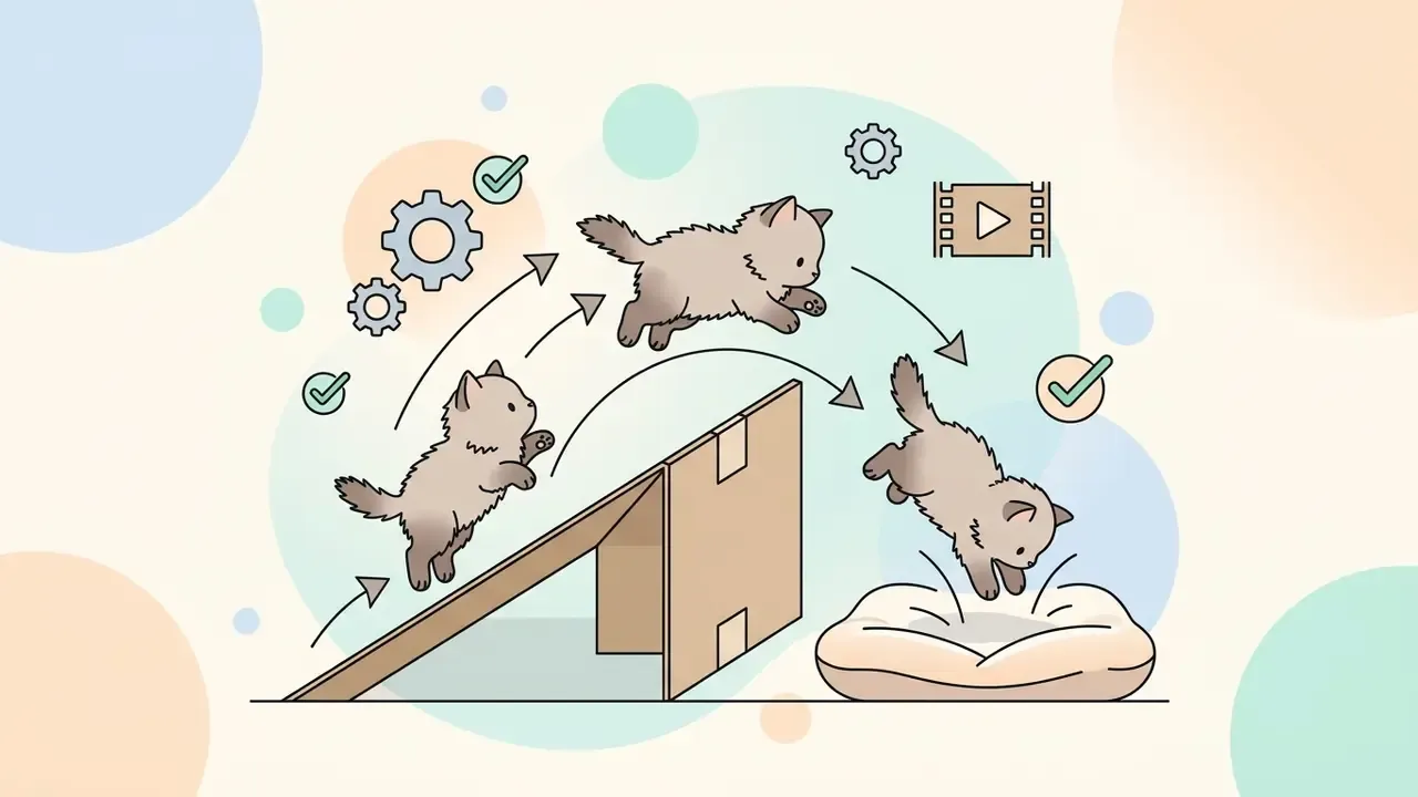 Fluffy kitten jumping over a cardboard obstacle with gear and video icons indicating a production process