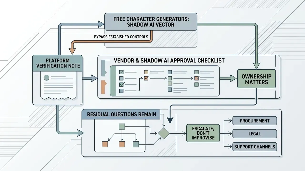 Process map for evaluating Shadow AI tools through platform verification and approval checklists