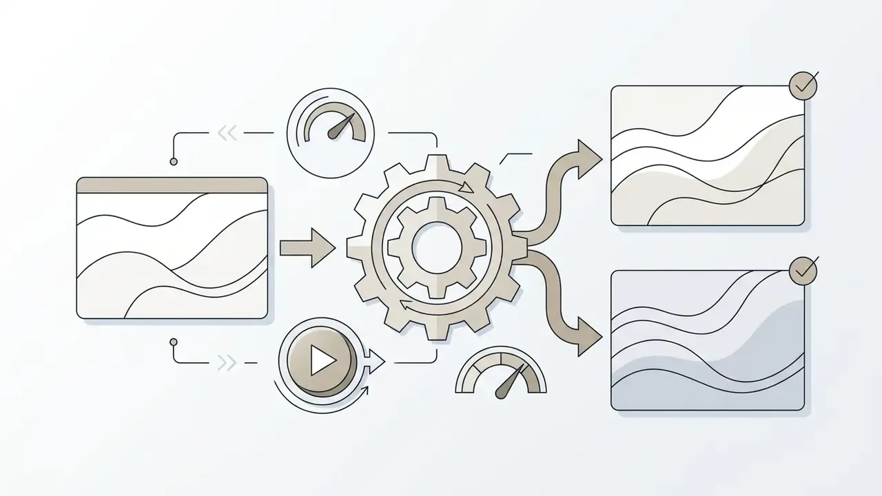 Central gear processing a single image into multiple variations with speed and start icons