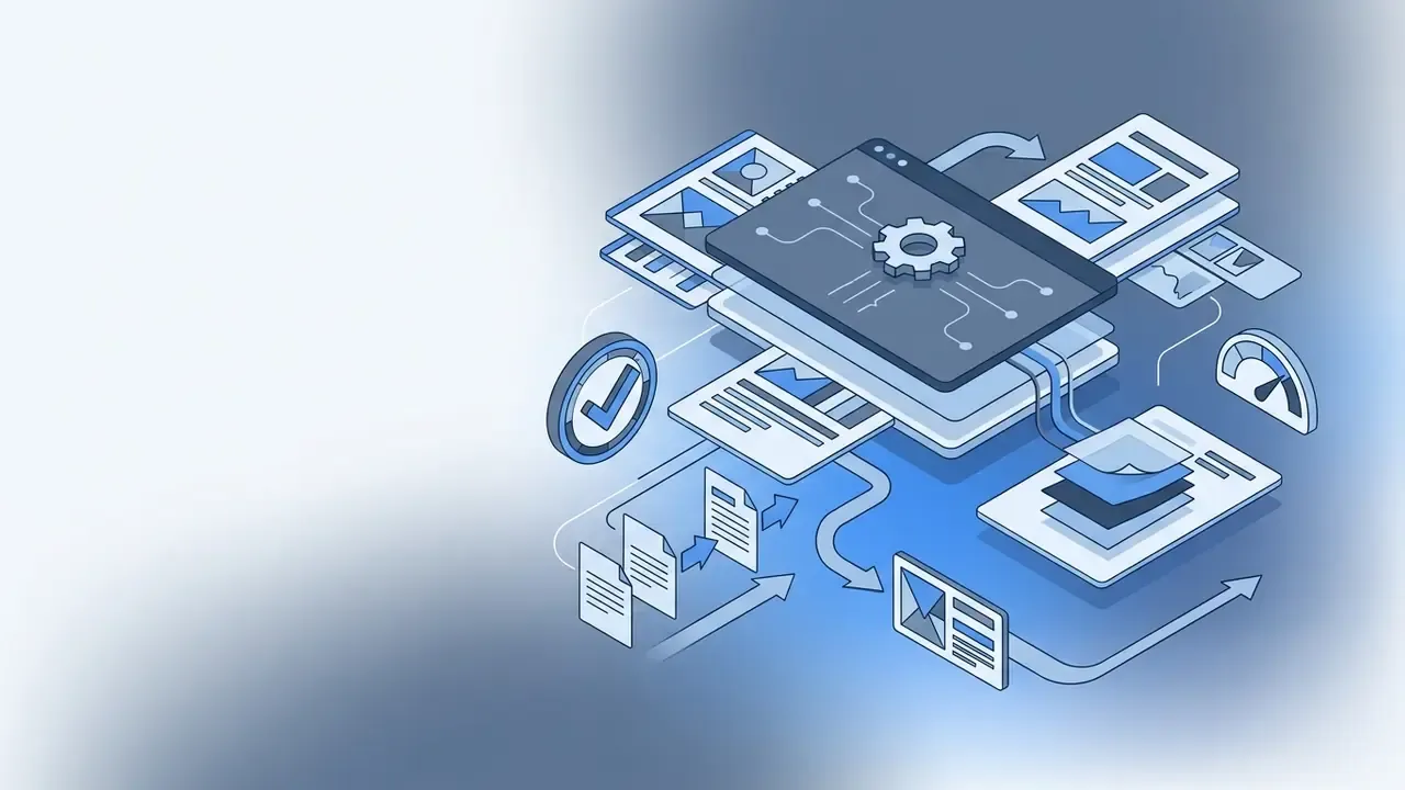 Isometric digital interface with a central gear icon processing data into various marketing layout templates