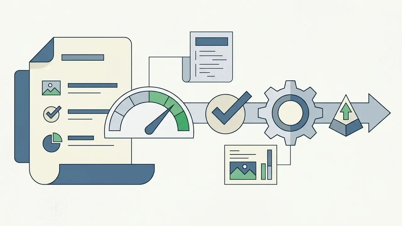 Document with icons, gauge, checkmark, gear, and upward arrow indicating a data processing workflow