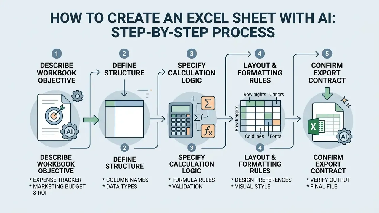 Flowchart outlining five steps to build a spreadsheet using an ai spreadsheet generator