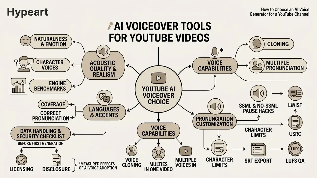 Mind map detailing key criteria for selecting AI voiceover tools for YouTube videos
