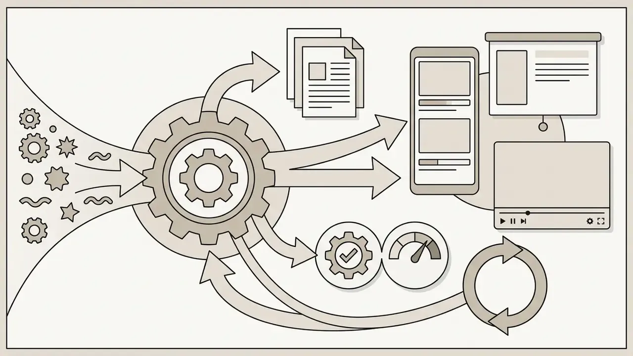 Central gear processing inputs into various digital formats and applications for AI video generation