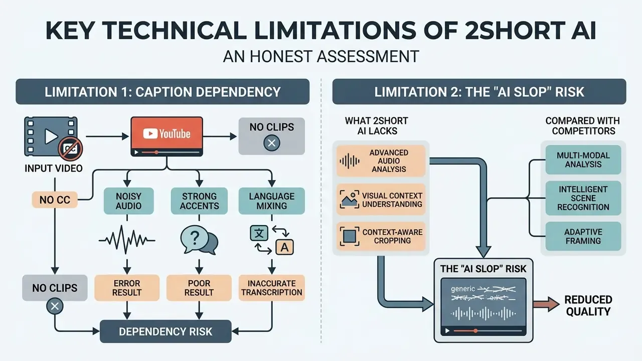 Comparison chart detailing caption dependency issues and potential quality risks in automated video processing