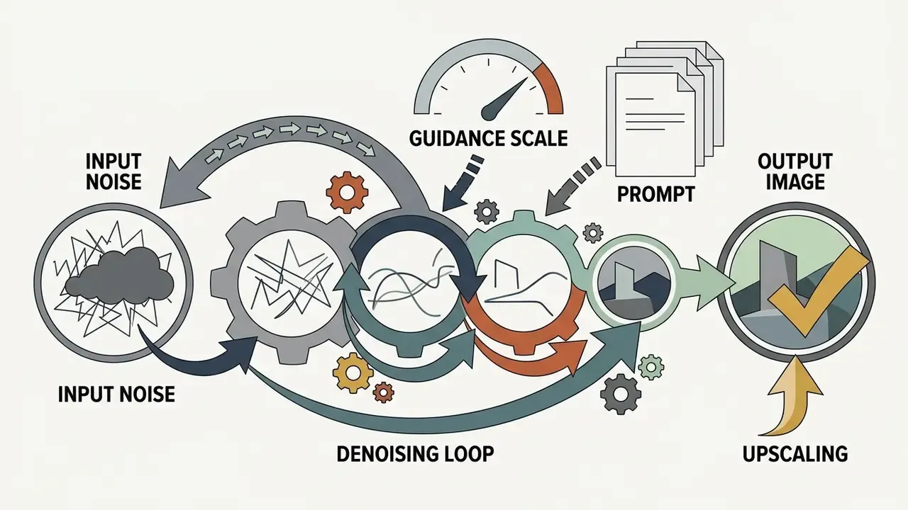 Denoising loop showing input noise and prompt parameters being processed through gears into a final image