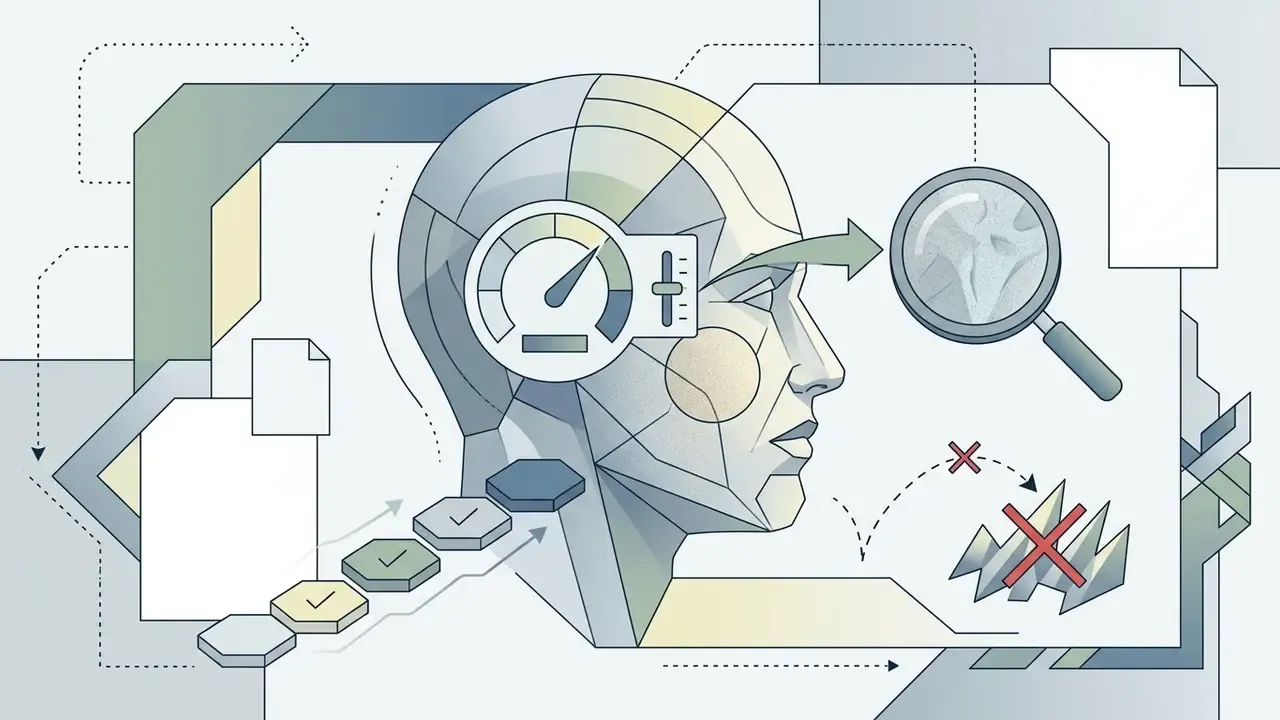 Stylized head profile with a gauge and magnifying glass analyzing facial details to remove artifacts