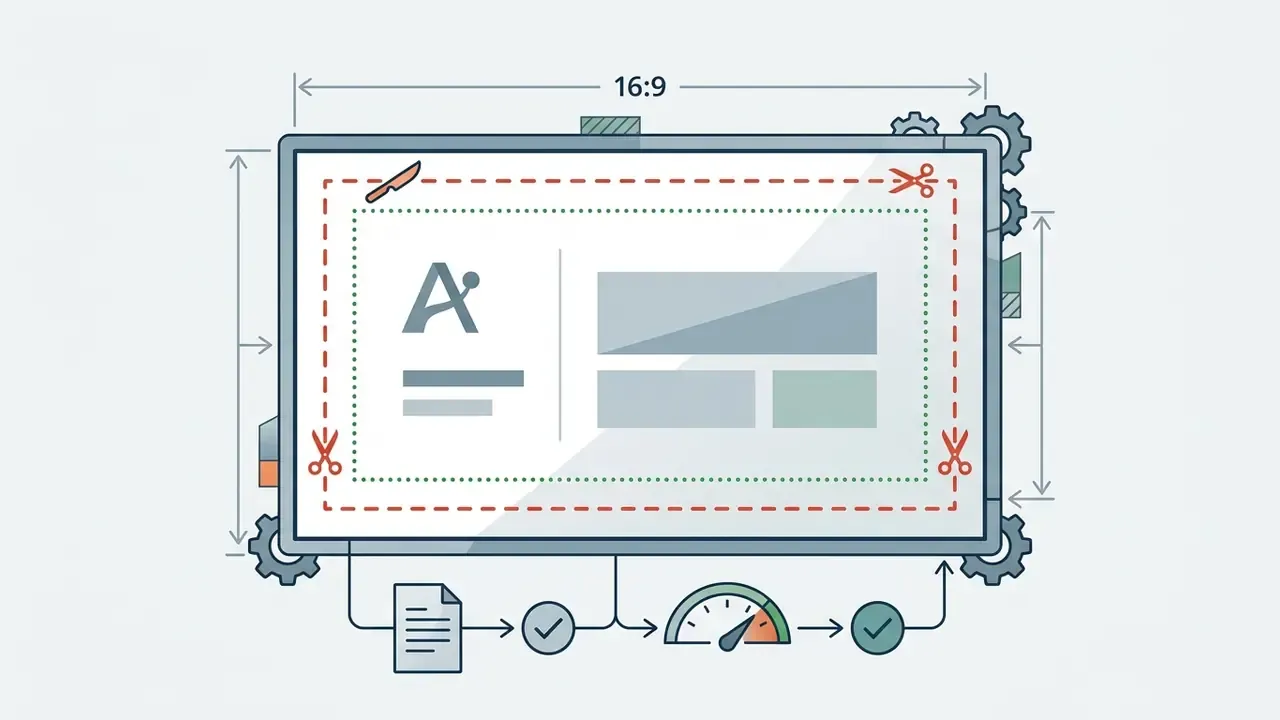 Rectangular sign layout showing trim lines, bleed areas, and a workflow for validation and measurement