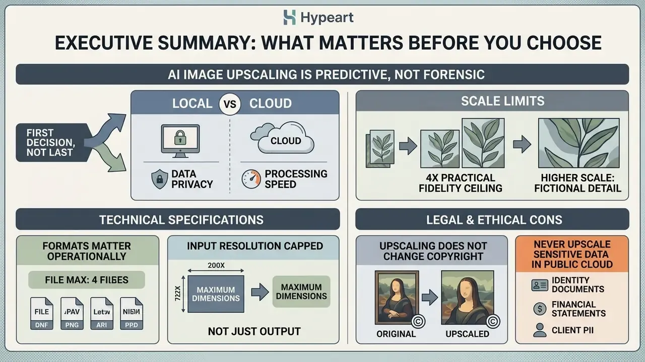 Infographic outlining key considerations for AI image upscaling including processing, scale limits, and ethics