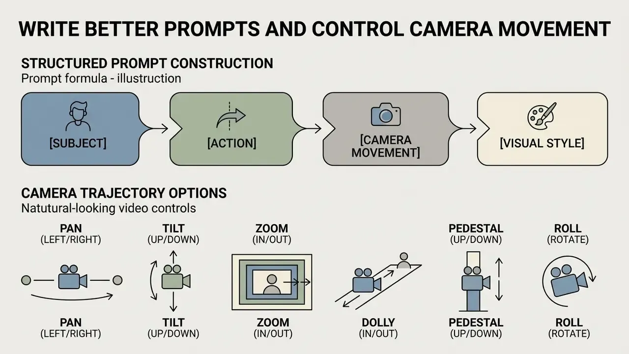 Flowchart showing prompt construction steps and a guide to various camera movement options for AI video