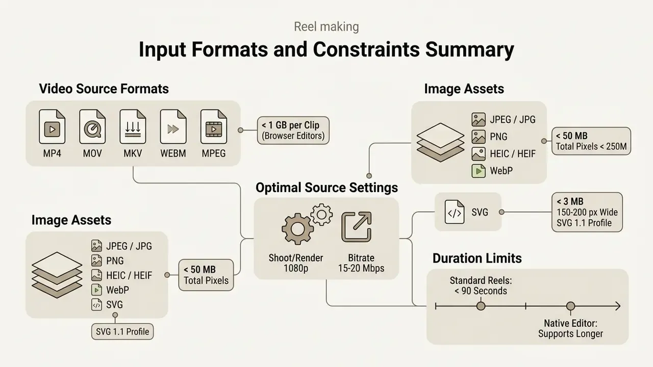 Diagram detailing supported file formats, size limits, and optimal settings for a reel maker app