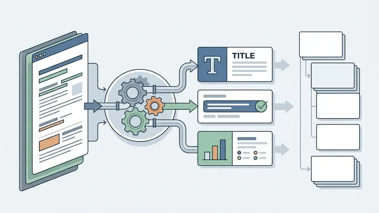 Document content flowing through a gear mechanism to be parsed into titles, claims, and data charts
