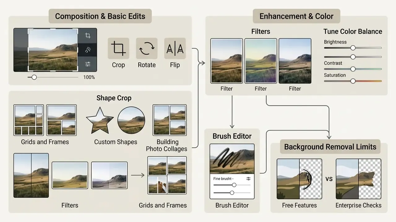 Layout showing basic image adjustments, shape cropping, color filters, brush tools, and background removal