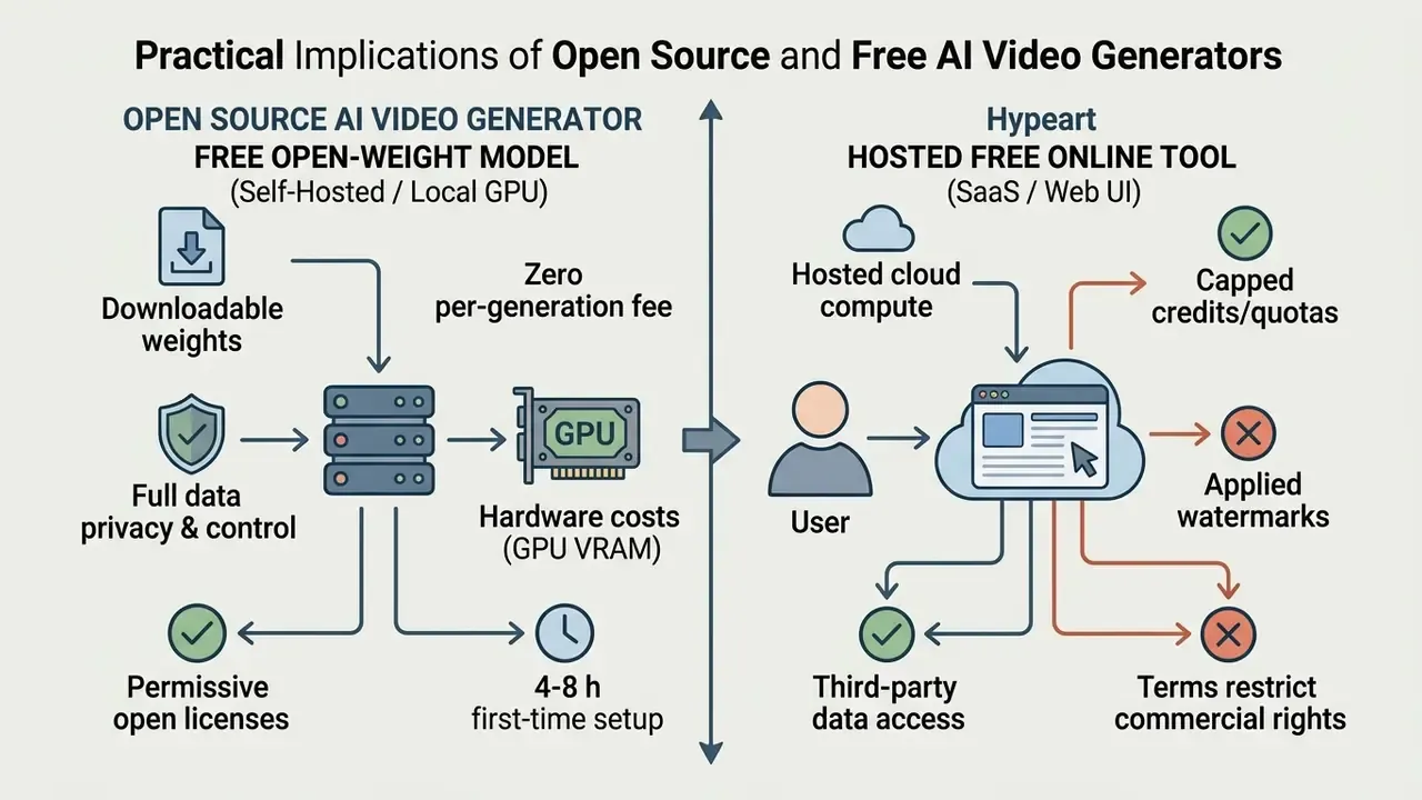 Diagram contrasting self-hosted open source AI video generator models with cloud-based web services