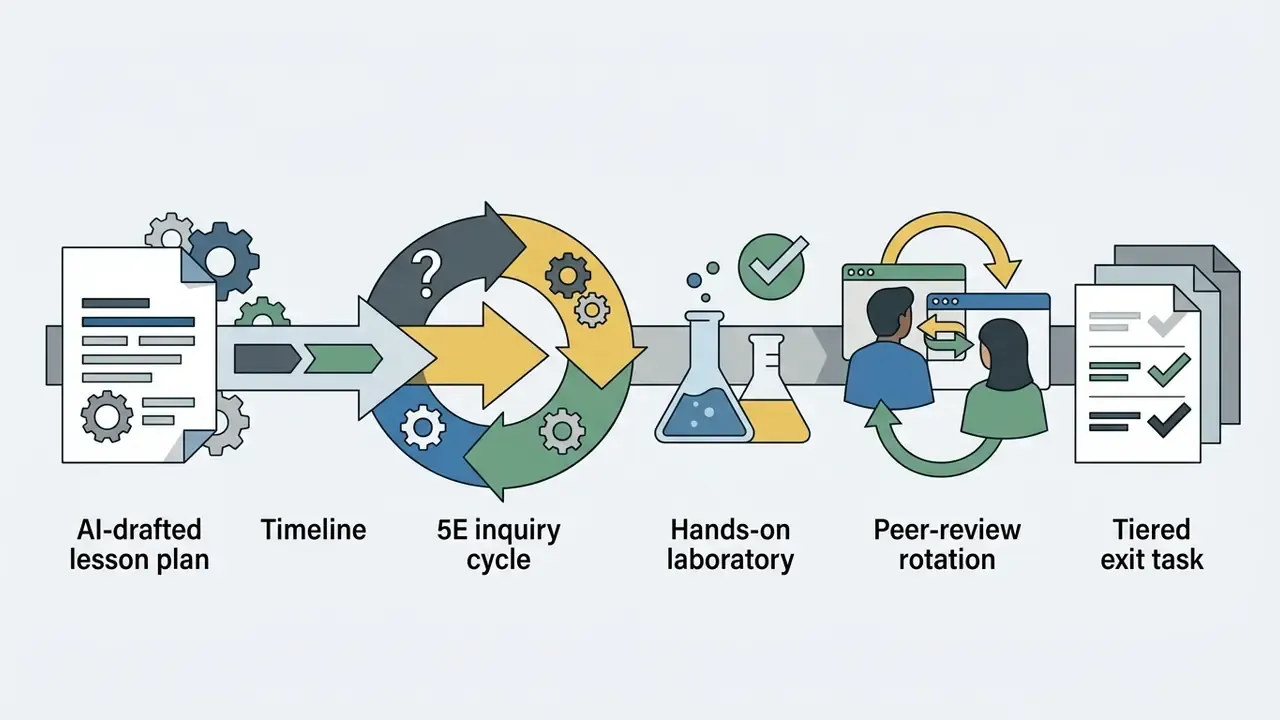 Sequential process icons showing a lesson plan moving through an inquiry cycle, lab work, and peer review