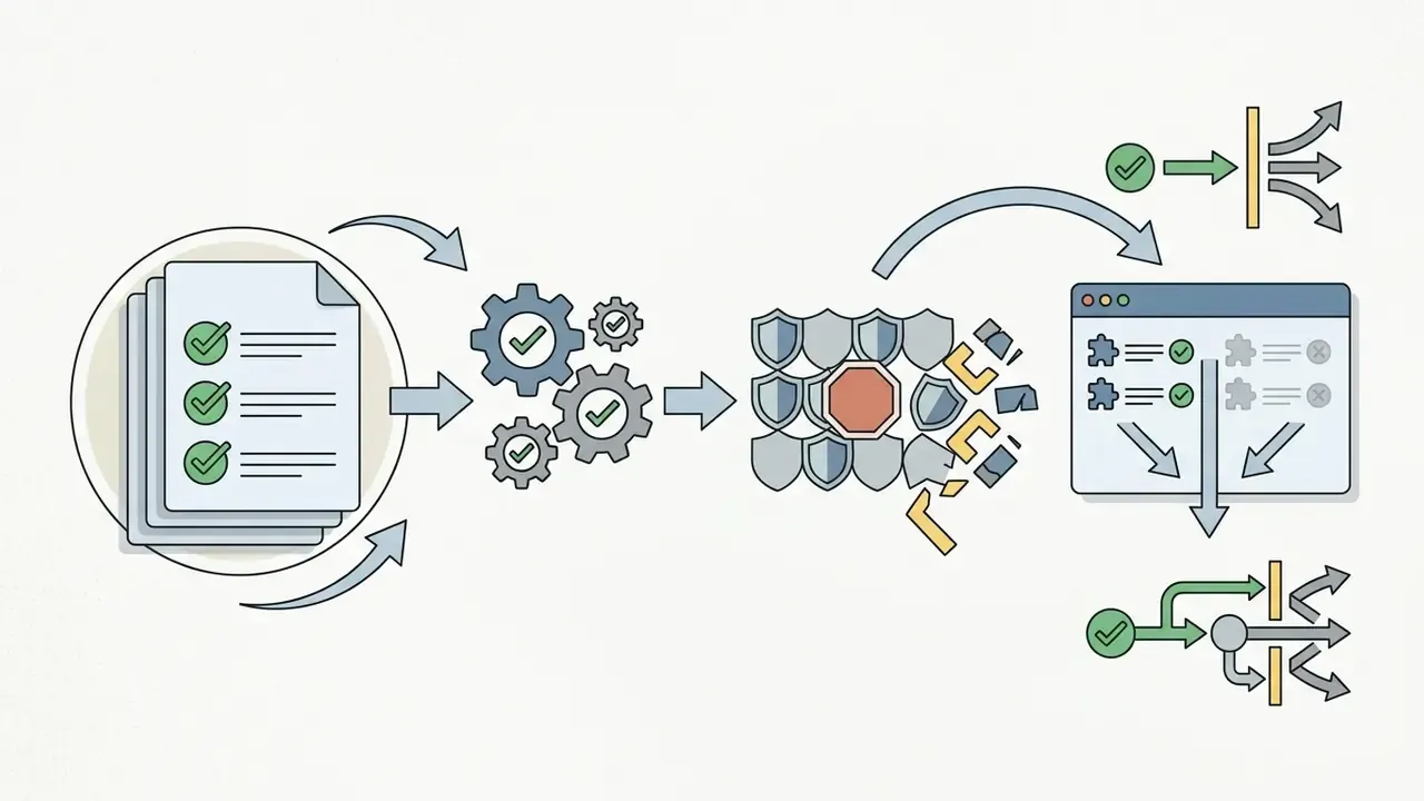 Approved documents passing through gears and a shield wall to reach browser-based tools and filtered output