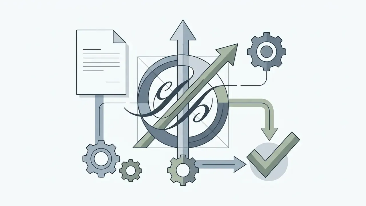 Calligraphic script letter with document icon, mechanical gears, and a checkmark symbol