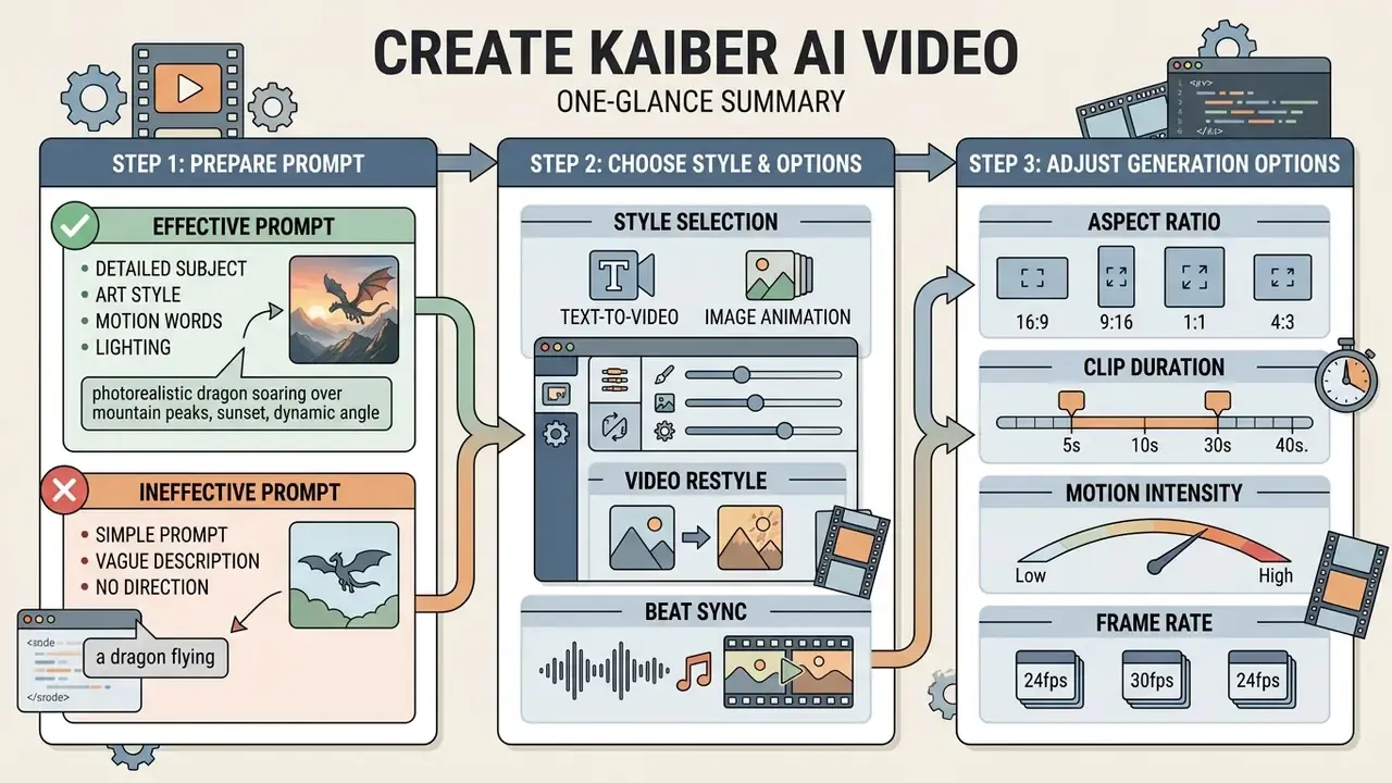 Three-step infographic outlining prompt creation, style selection, and generation settings for video clips