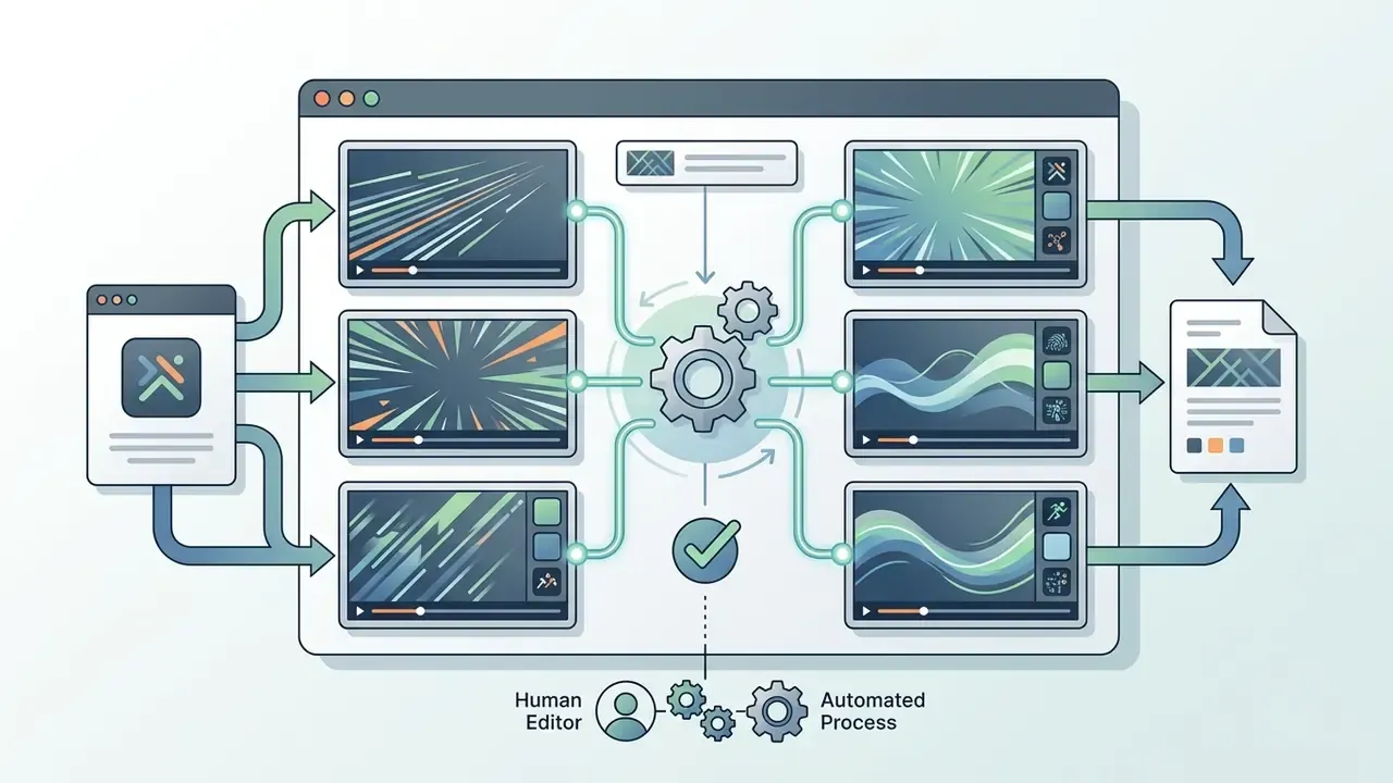 Central gear engine connecting video clips to human editors and automated processing for final output