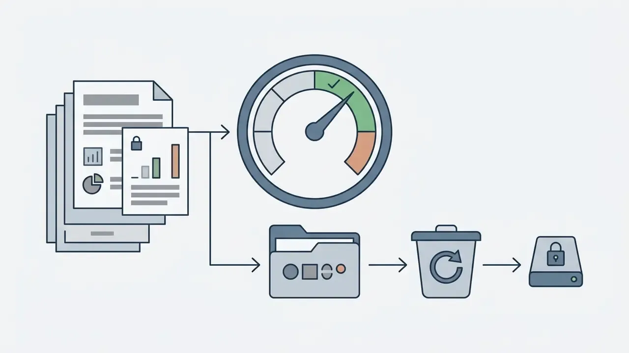 Documents flowing into a gauge, a folder, a trash bin, and a locked storage drive