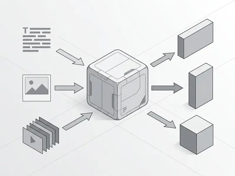 Diagram showing text, image, and video inputs flowing into a central engine to produce various video formats