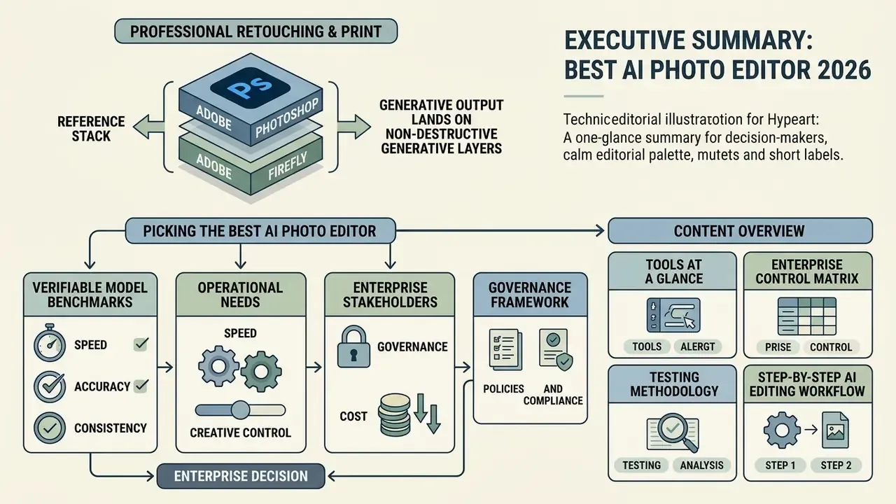 Infographic flowchart outlining the criteria and workflow for selecting the best AI photo editor