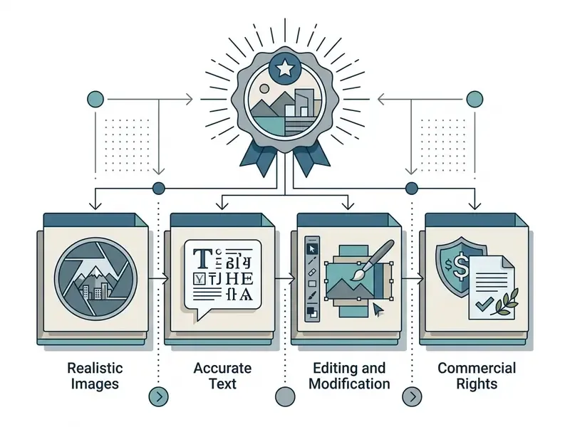 Flowchart showing categories for AI tools including realistic images, text accuracy, editing, and rights
