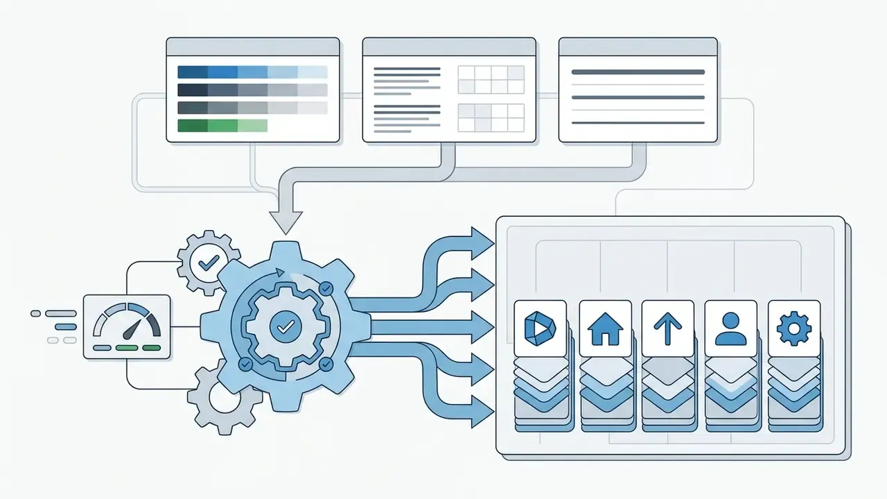 System processing design tokens into a library of layered UI symbols and navigation icons