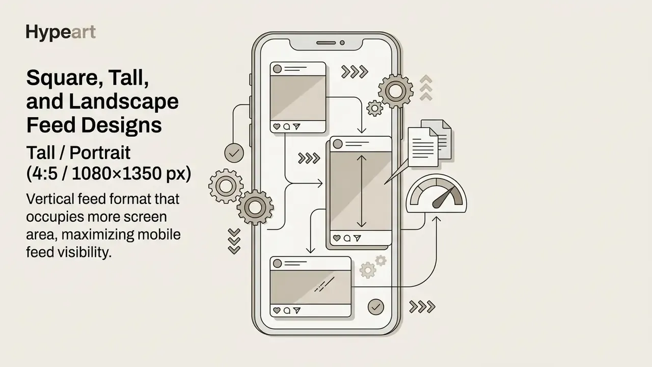 Smartphone screen displaying vertical feed layouts with arrows, gears, and a gauge for content scaling