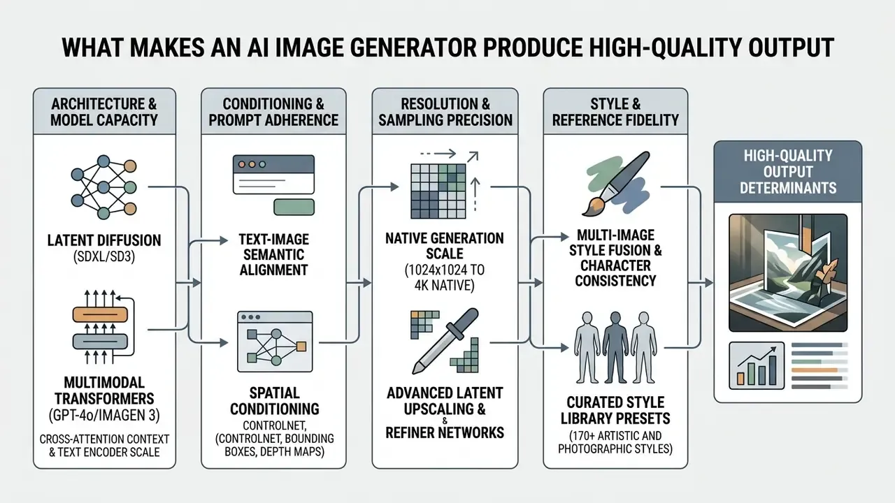 Flowchart showing technical factors that contribute to high-quality AI image generator output