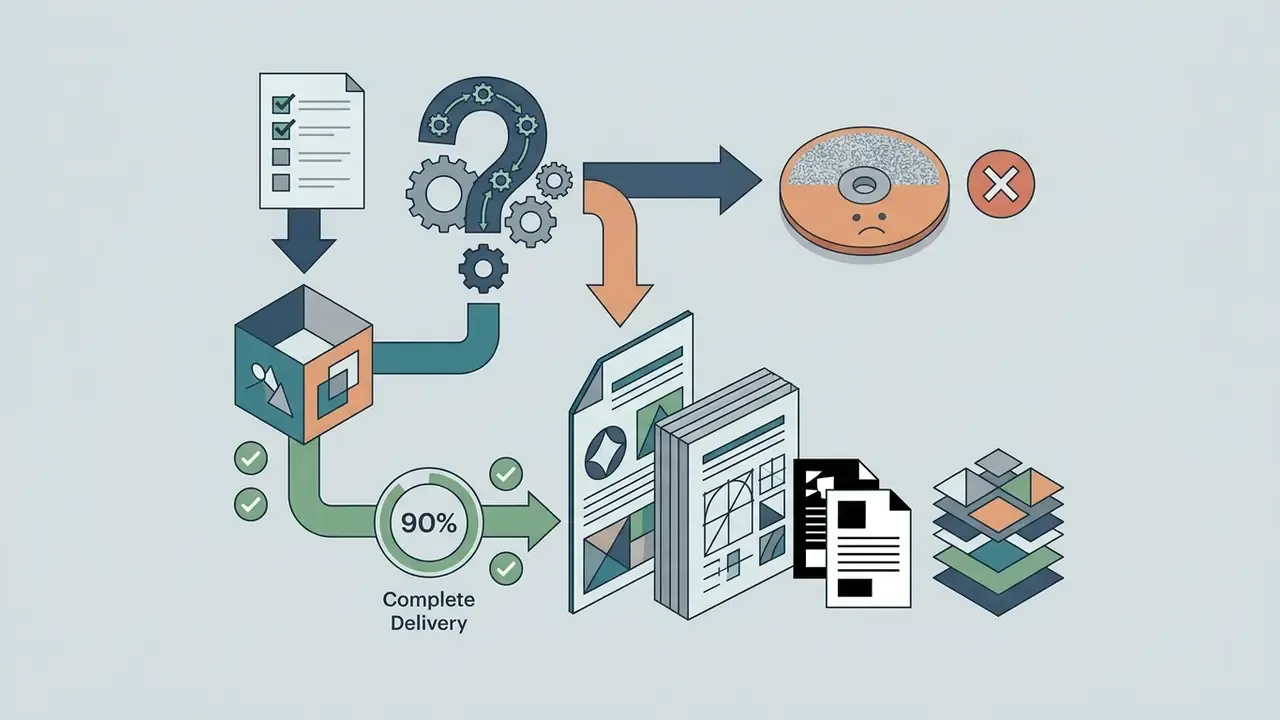 Checklist and box icons leading to a complete delivery of layered design files versus a rejected disc
