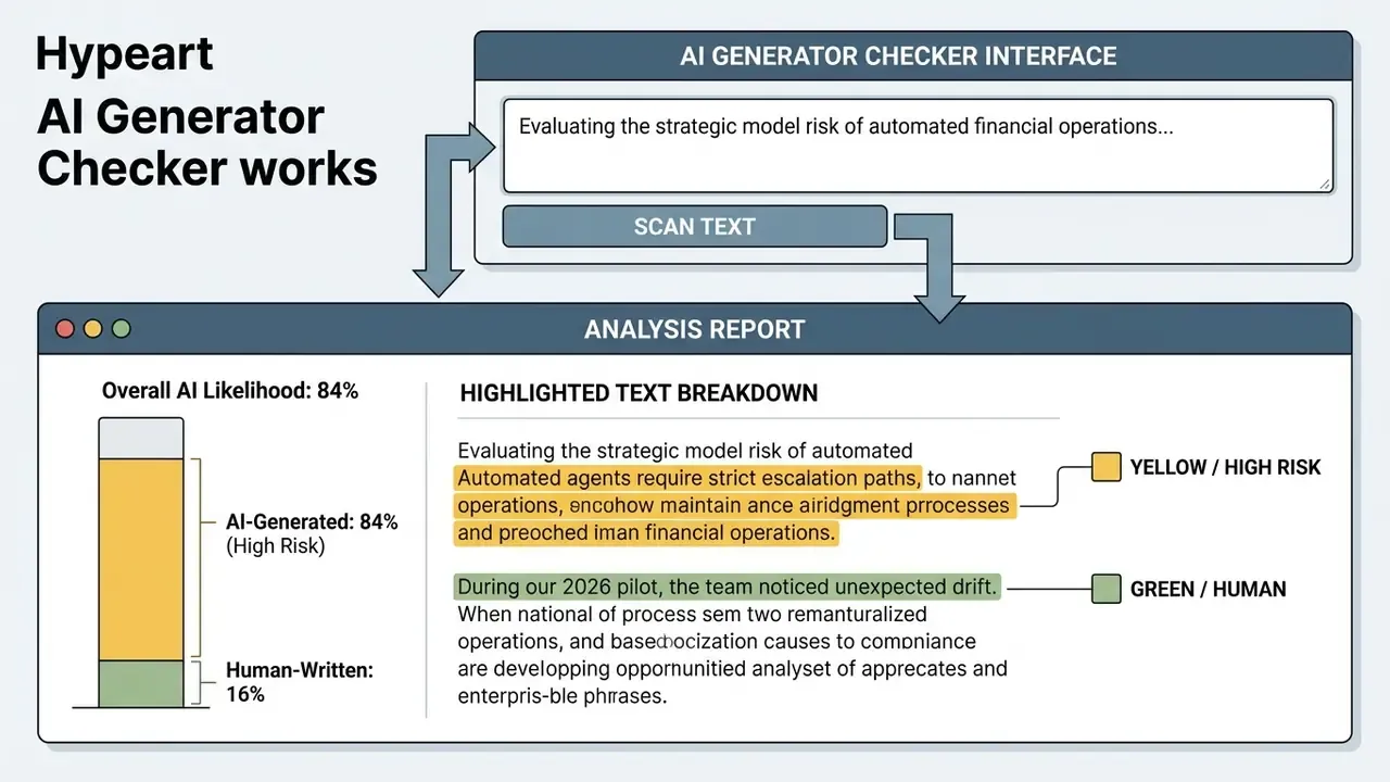 Dashboard showing an AI generator checker interface with a text input field and a color-coded risk report