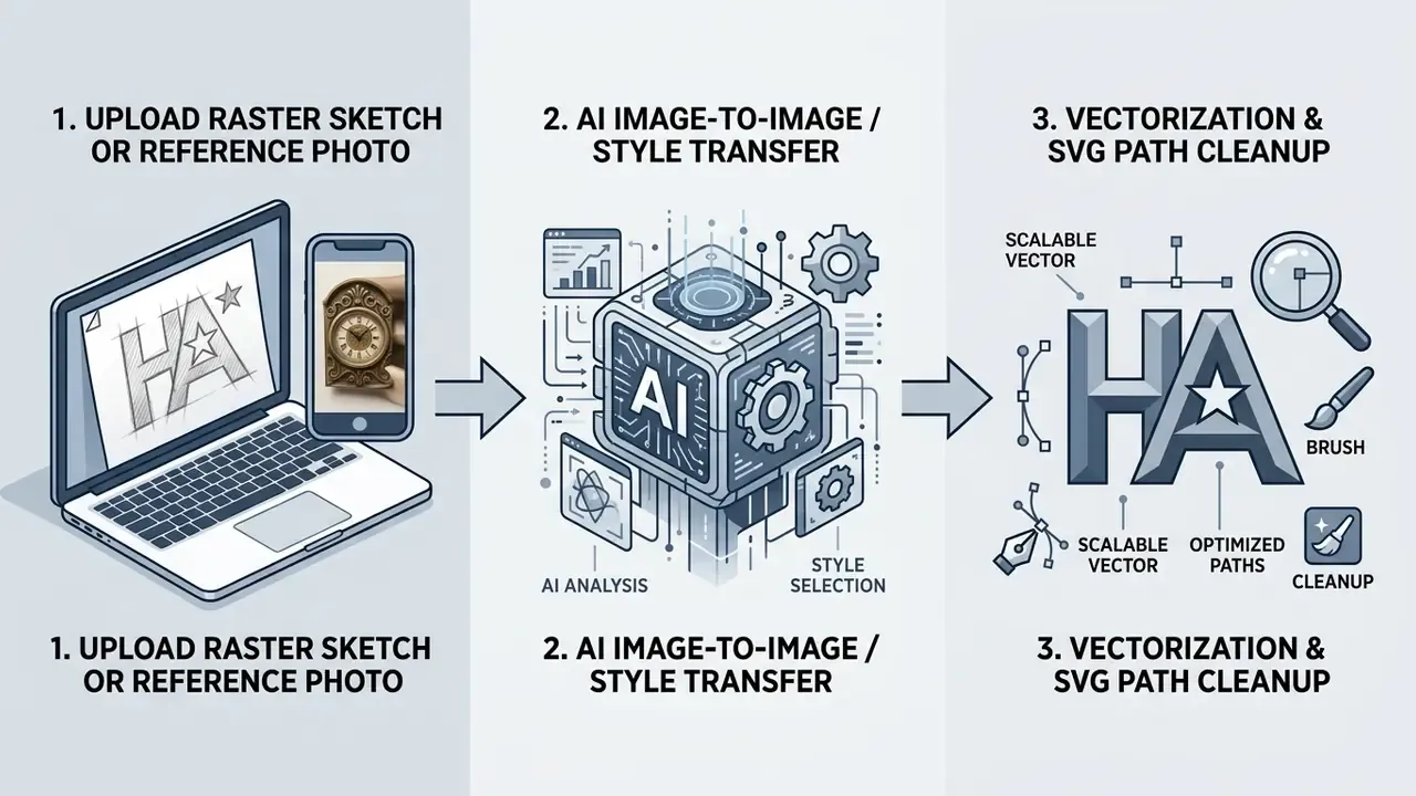 Three-step process showing how an AI logo generator transforms sketches and photos into vector graphics